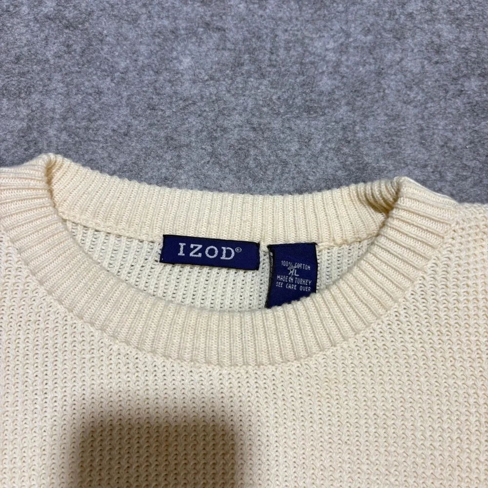 IZOD Mens XL Cream Off White Cotton Waffle Knit Crew Neck Sweater Tonal Logo
